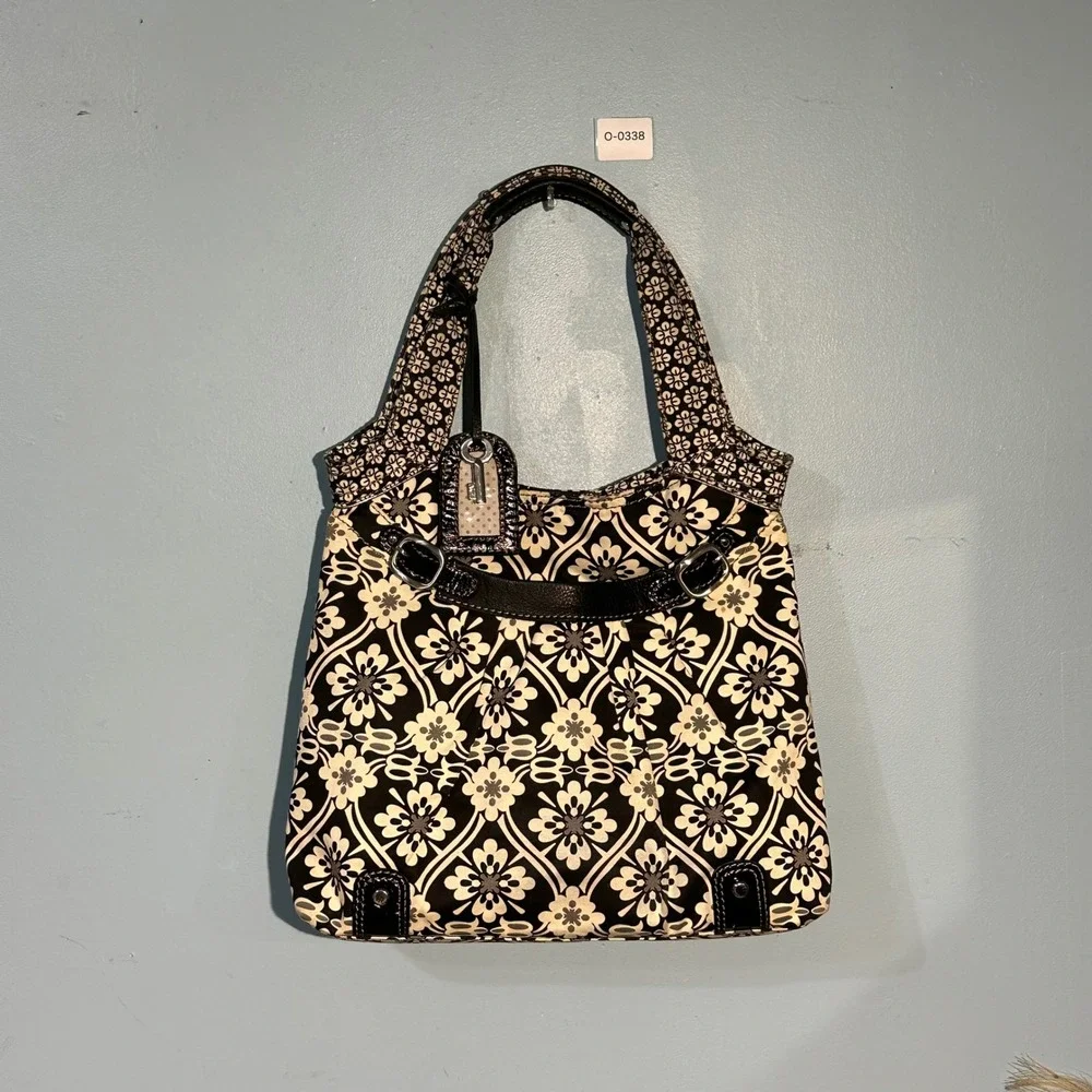 Fossil ZB2779 Black Cream Floral Canvas Leather Trim Hobo Shoulder Bag Purse